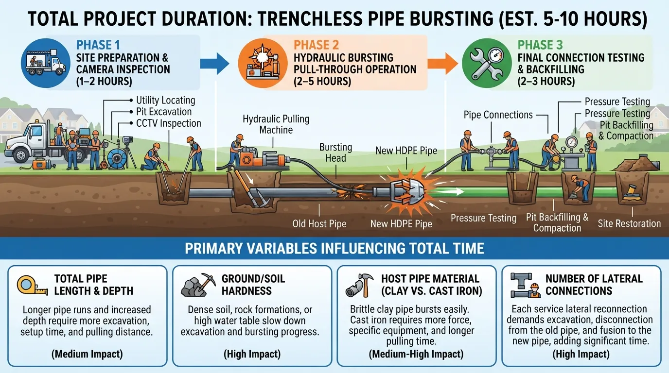 Timeline infographic showing the 1 to 2 day trenchless pipe bursting process, highlighting the 2 to 5 hour active pull phase and key factors affecting completion time.
