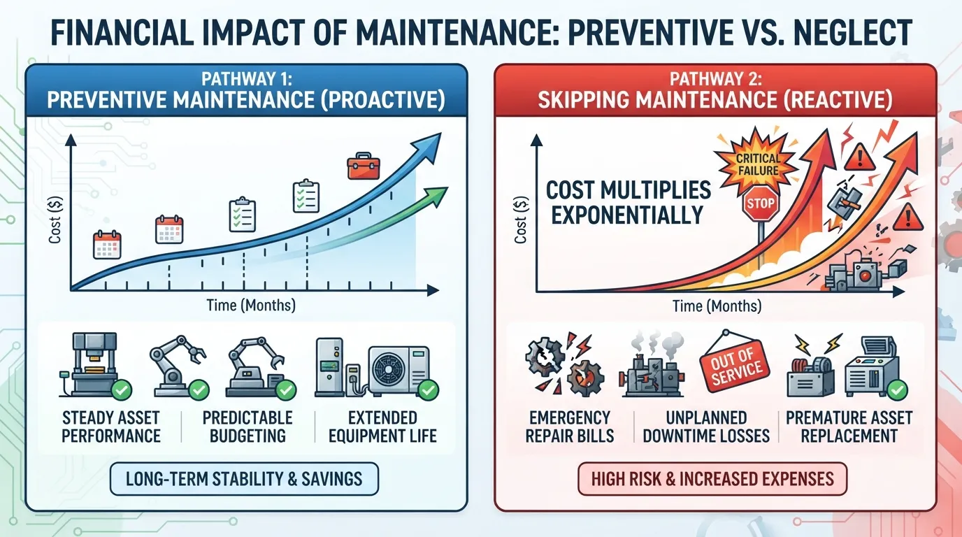 Infographic comparing the low initial cost of regular maintenance against the expensive long-term costs of equipment breakdown and emergency repairs.