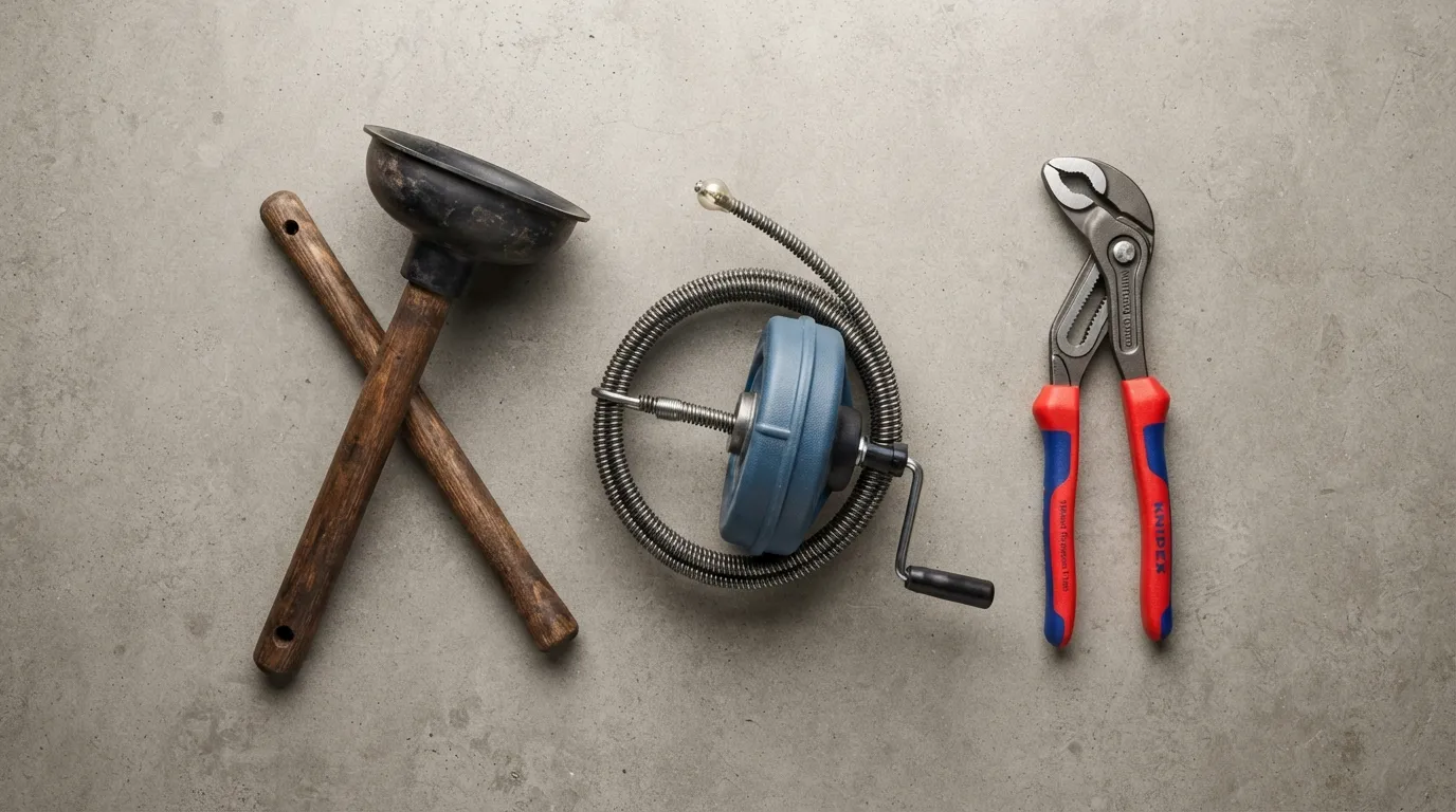 Flat-lay photo displaying essential plumbing tools including a rubber cup plunger, hand-crank drum auger, and adjustable channel pliers on a clean countertop.