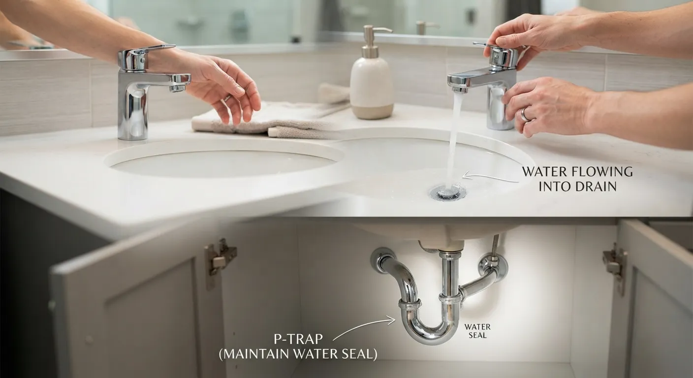 A homeowner turning on a bathroom faucet to run water in unused plumbing fixtures to prevent dry P-traps and sewer gas odors.
