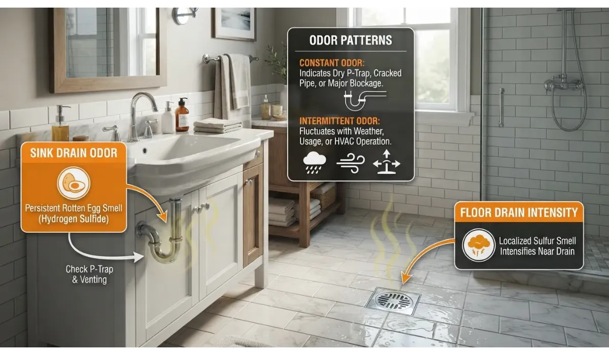 Close-up illustration of a bathroom sink drain showing indicators and warning signs of a sewer gas leak.