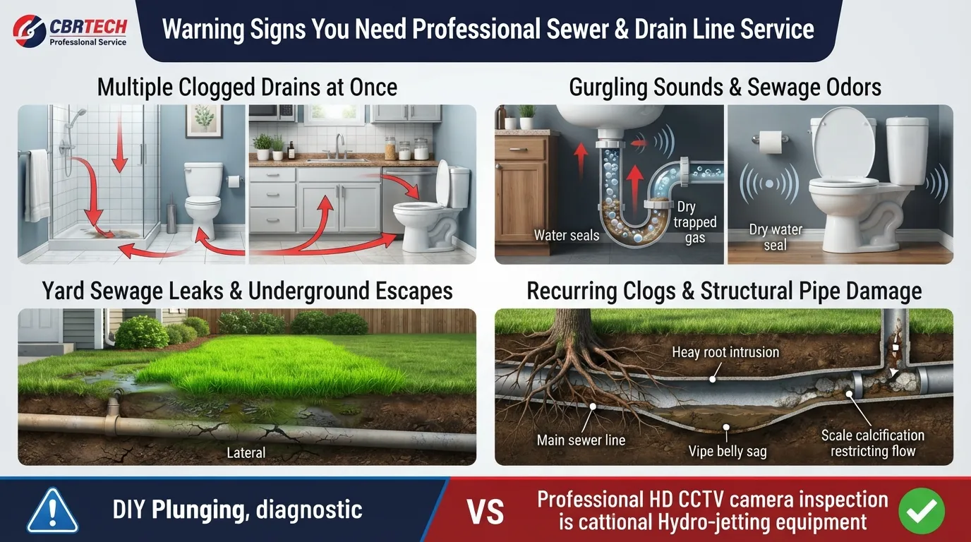 Comprehensive visual guide detailing warning signs of main drain and sewer line blockages including multi-drain backups, gurgling toilets, foul sewer gas odors, and lush yard patches.