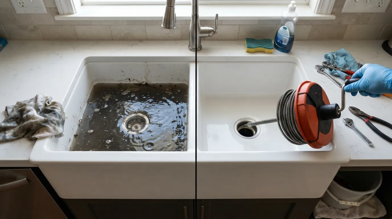 Hands of a plumber demonstrating best practices for preparing a drain before using a plumbing auger, comparing wet versus dry snaking conditions.