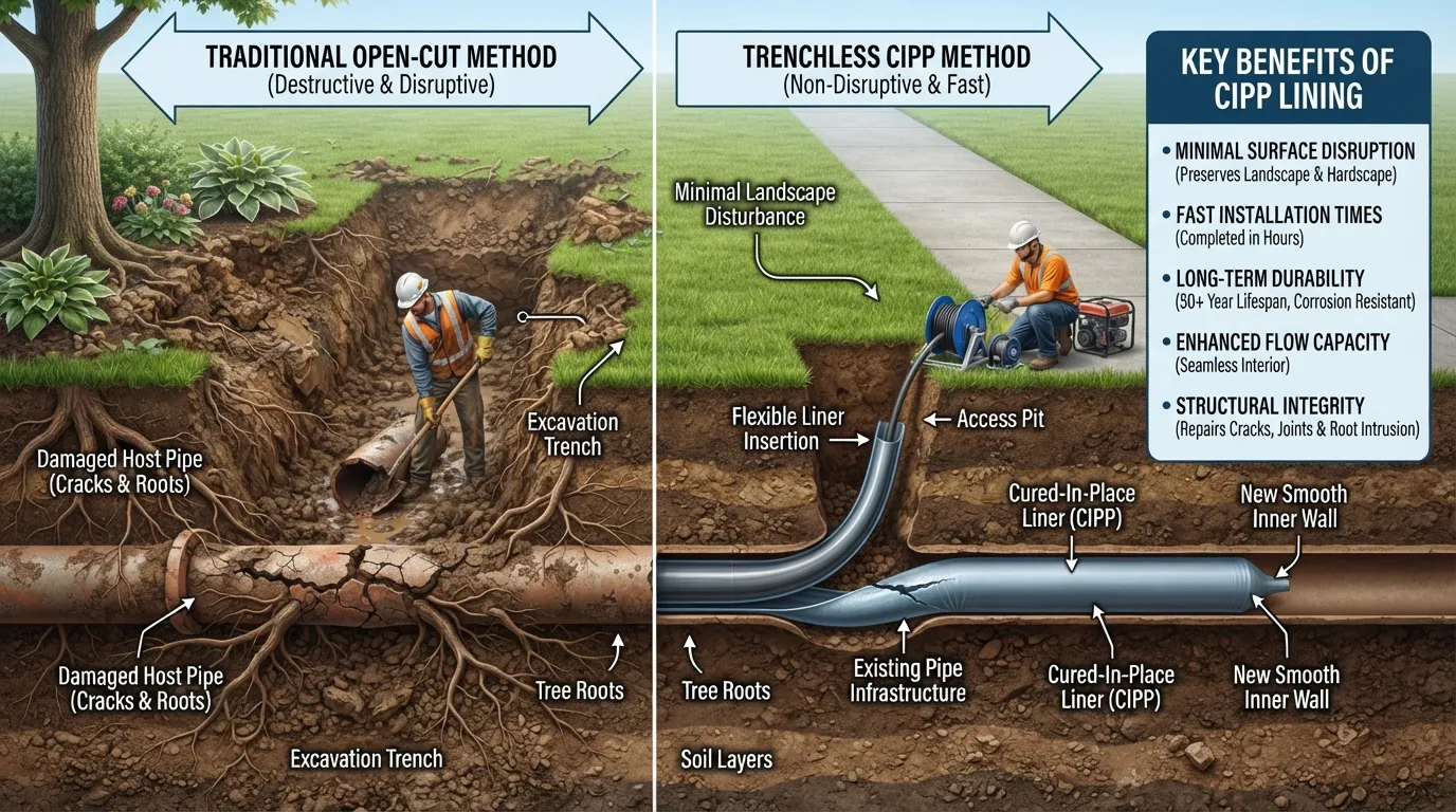 Cross-section diagram illustrating trenchless sewer lining and pipe rehabilitation compared to traditional excavation beneath a residential lawn.