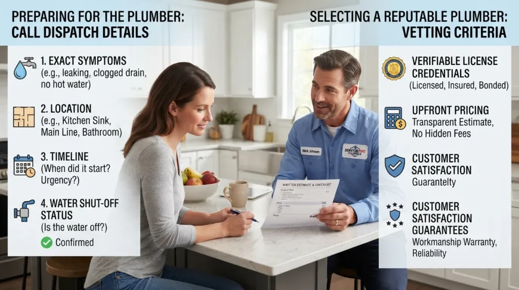 A professional plumber explaining a repair estimate to a homeowner at a kitchen counter with a clipboard and checklist.