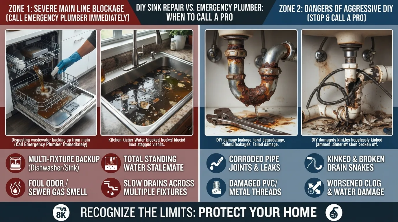 A homeowner examining a severe kitchen sink backup and considering when to call a professional plumber for main sewer line cleaning.