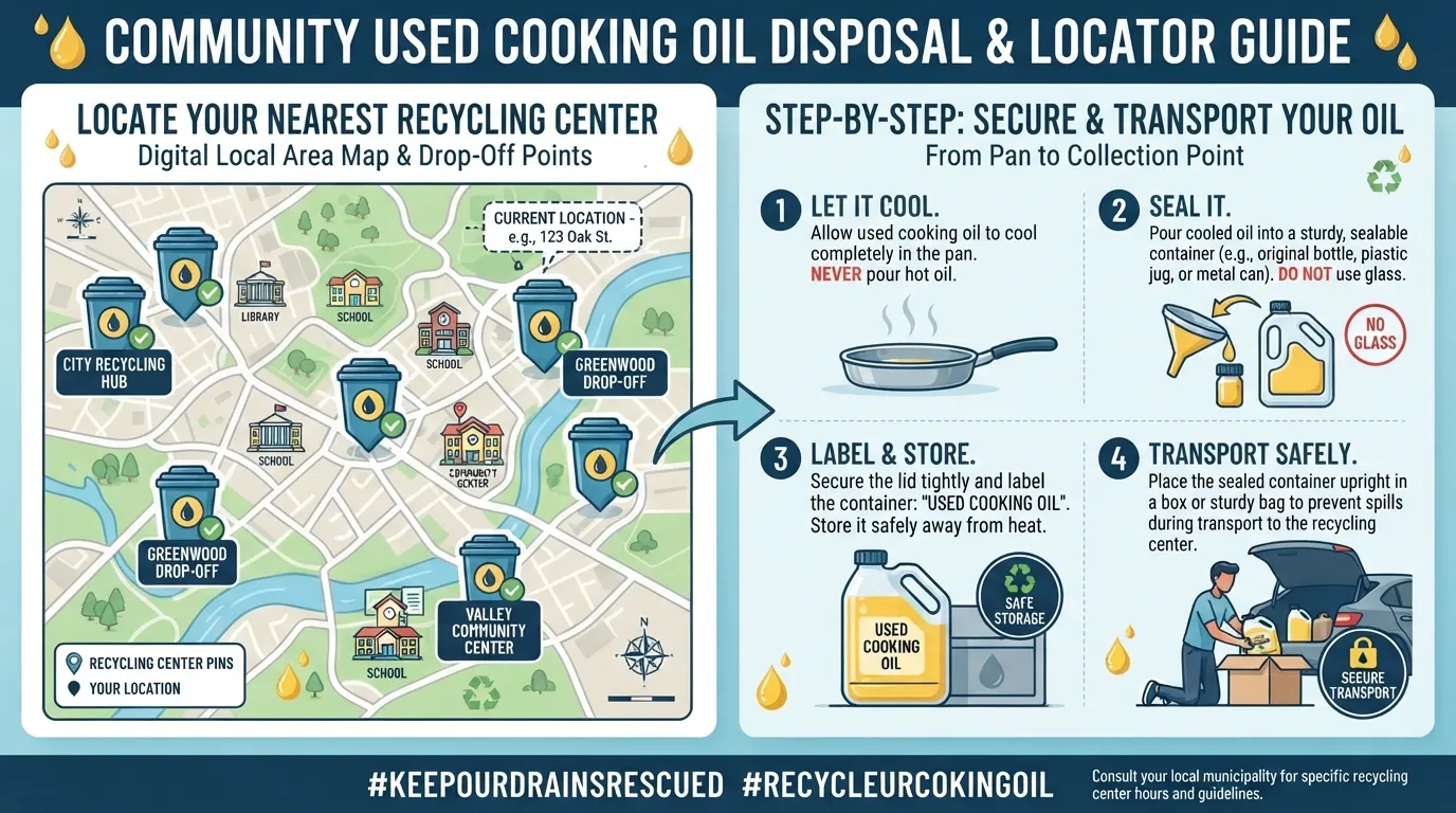 A map and collection of recycling containers showing where to safely drop off used cooking oil near you.