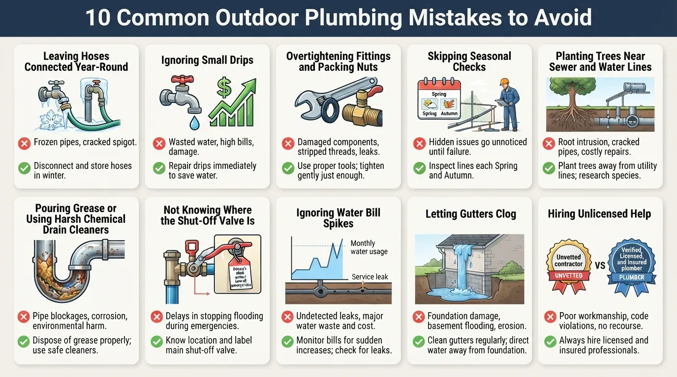 Comprehensive visual guide highlighting 10 common outdoor plumbing mistakes to avoid, including leaving hoses connected, ignoring small leaks, overtightening fittings, and planting trees over main lines.