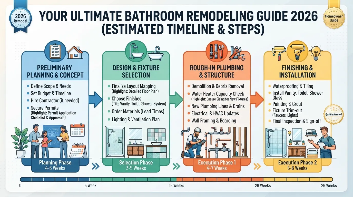 Comprehensive bathroom remodel planning guide outlining essential plumbing considerations, fixture layouts, and renovation steps for 2026.
