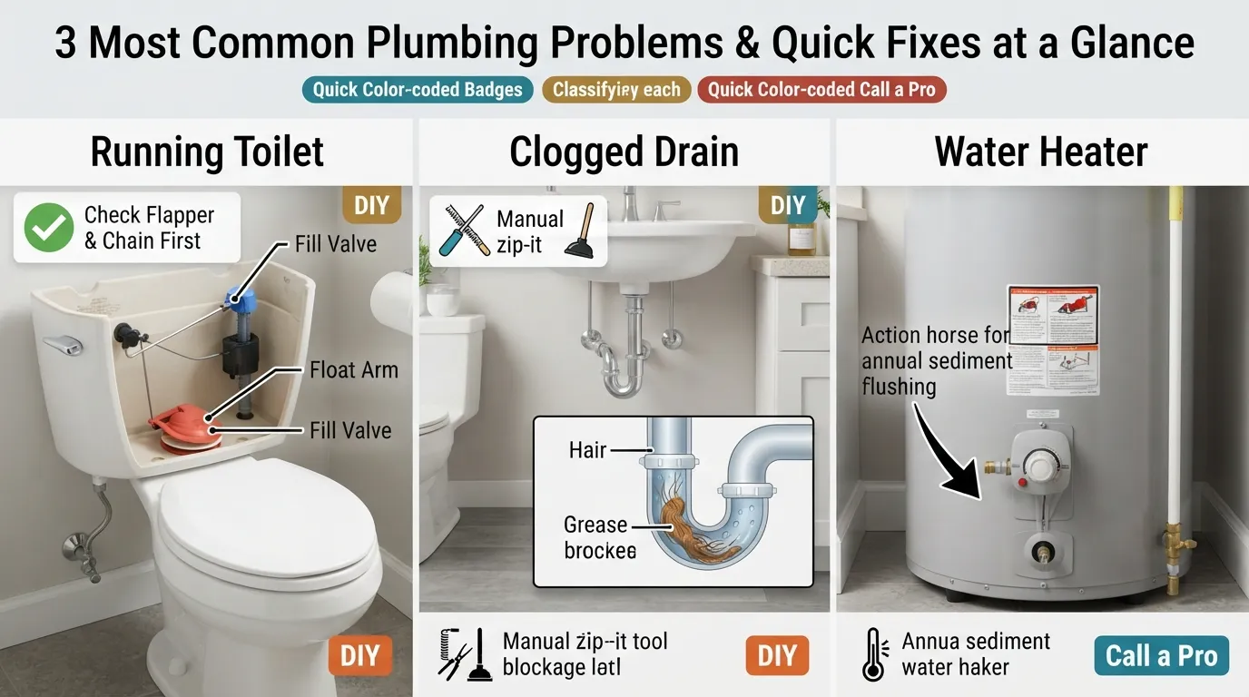 A real home plumbing maintenance overview diagram showing three primary residential issues—a running toilet, a clogged sink drain, and a water heater tank—with step-by-step diagnostic indicators and quick-fix solutions for Miami homeowners.