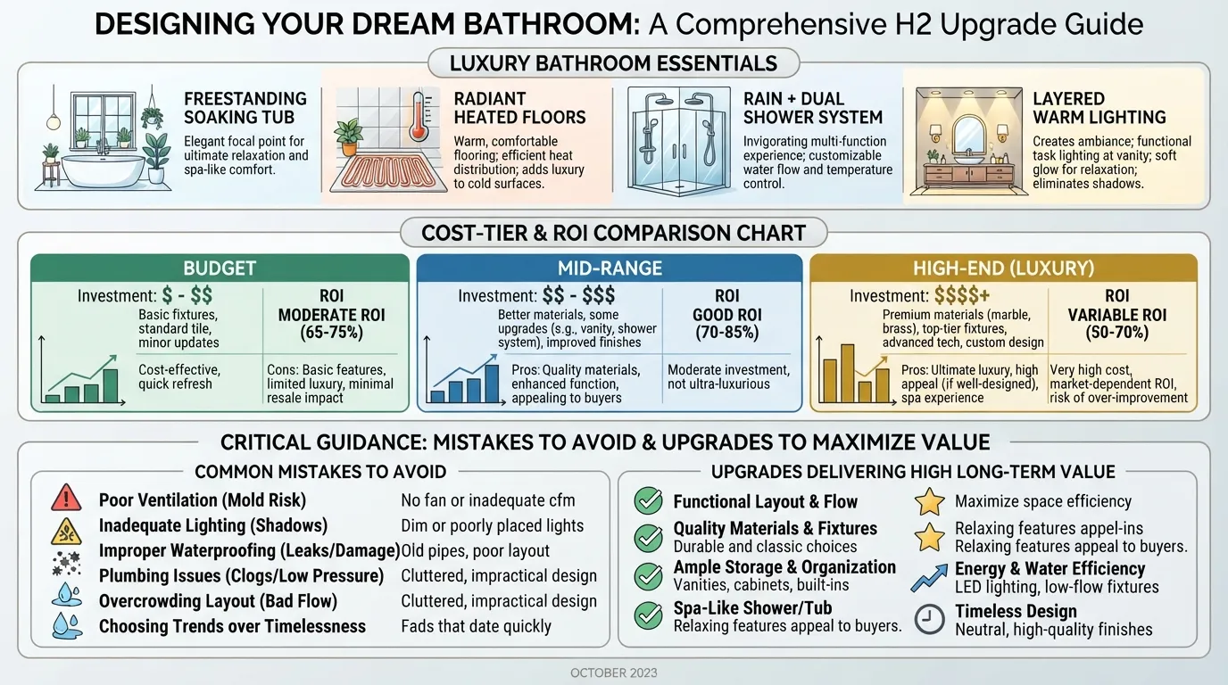 Comprehensive overview infographic showing the four essentials of a luxury bathroom, including cost breakdowns, common mistakes to avoid, and worth-it rankings.