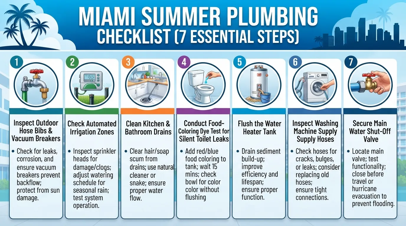 Comprehensive infographic outlining seven summer plumbing tips for Miami homeowners, including checking hose bibs, sprinkler systems, and water heaters.