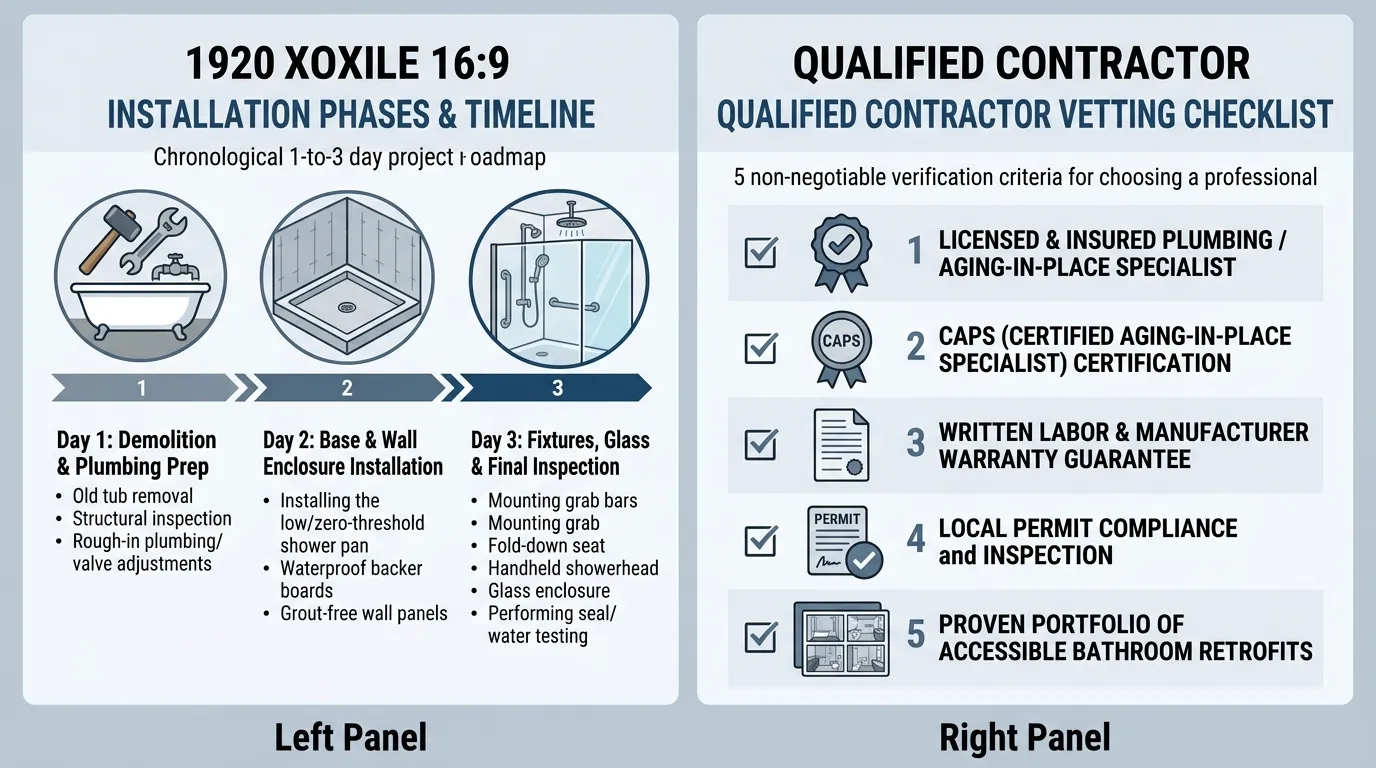 A visual infographic illustrating the step-by-step walk-in shower installation timeline, key construction phases, and contractor verification criteria.