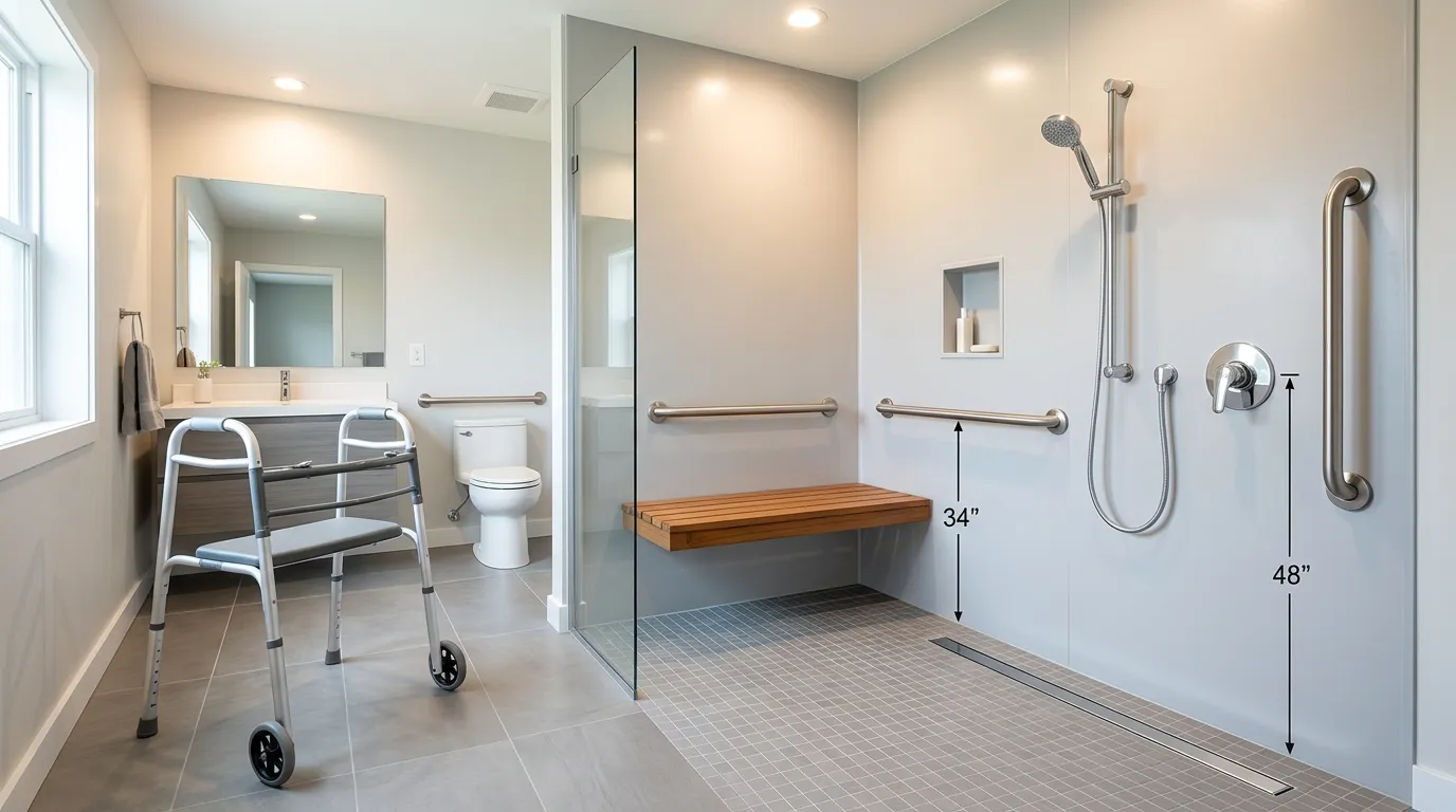 A modern, barrier-free walk-in shower designed for seniors featuring a zero-threshold entry, integrated bench seat, wall-mounted grab bars, textured non-slip floor tiles, and a handheld showerhead on an adjustable rail.