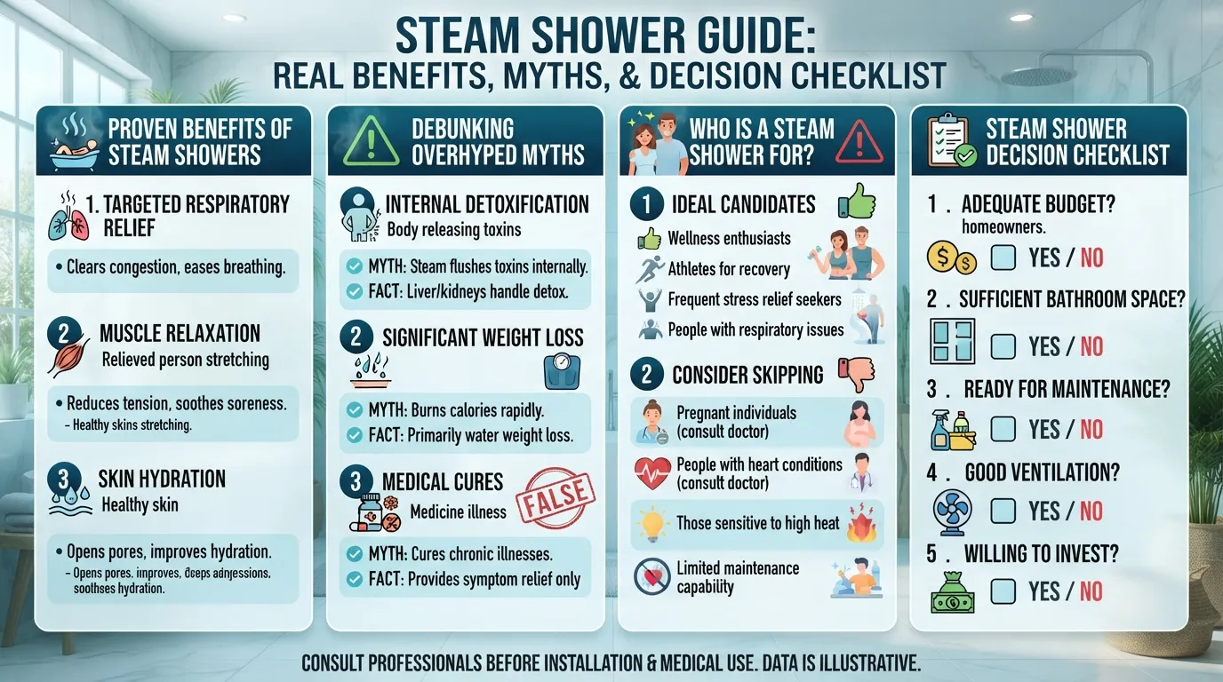 Infographic comparing the pros, overhyped myths, and decision checklist to determine if a home steam shower is worth the investment.