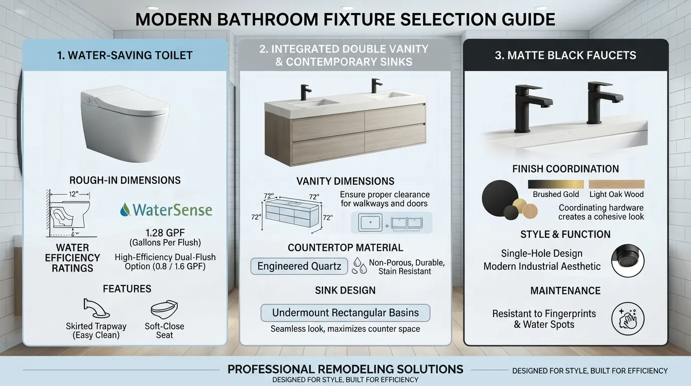 Modern bathroom showcasing a water-efficient toilet, dual vanity sink, and sleek plumbing fixtures during a remodel.