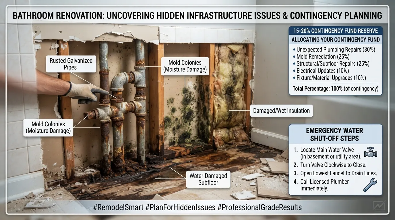 Contractor inspecting corroded galvanized pipes and water-damaged subfloor behind a bathroom wall during a home remodel.