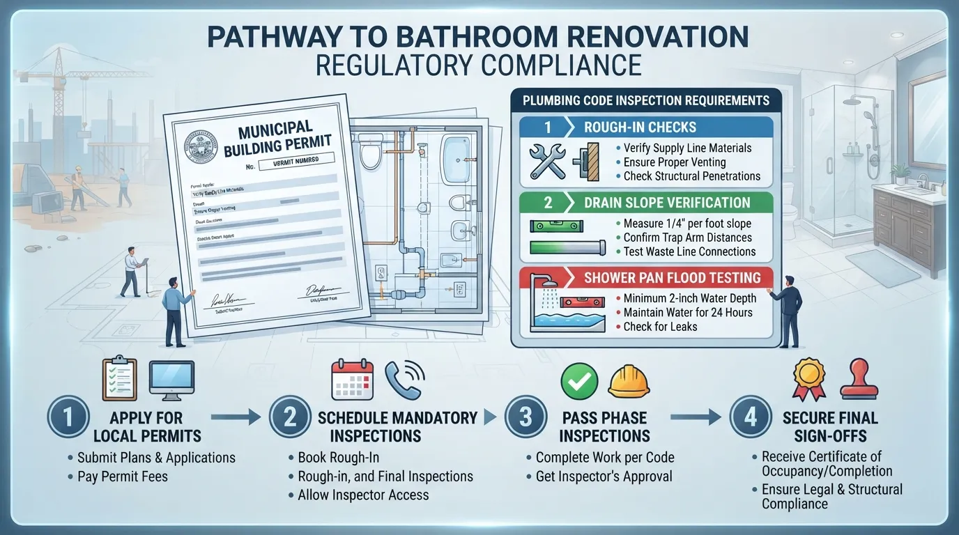 Professional building permit document and municipal plumbing code inspection checklist for a bathroom remodel.