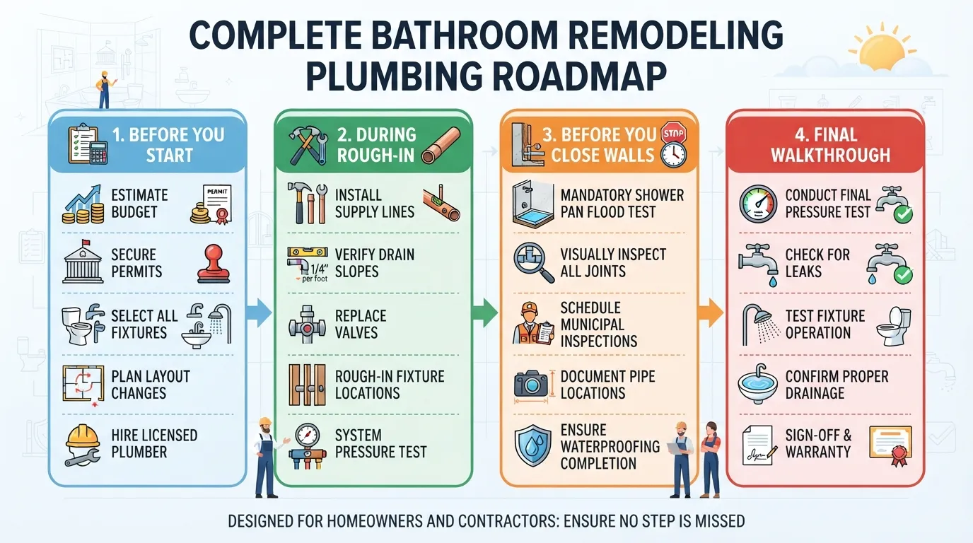 A comprehensive bathroom remodel plumbing checklist detailing steps from pre-planning and rough-in inspection to final walkthrough.