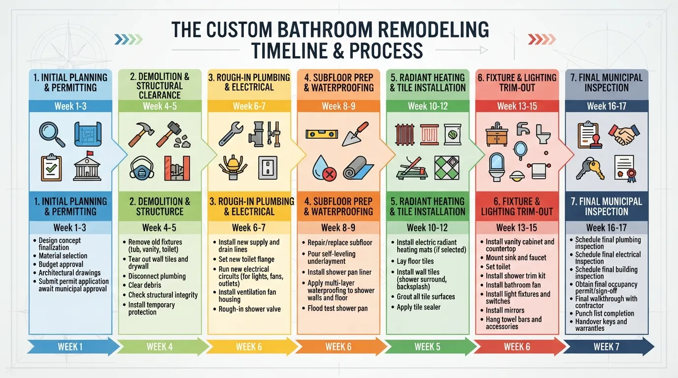 Comprehensive workflow chart illustrating the step-by-step bathroom remodel process and timeline from planning to final inspection.