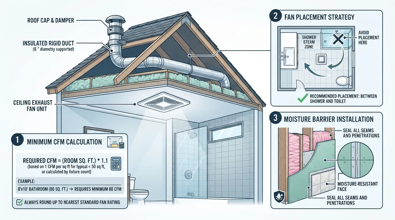 Diagram showing proper bathroom exhaust fan CFM sizing, duct routing, and mold prevention strategies to control humidity.