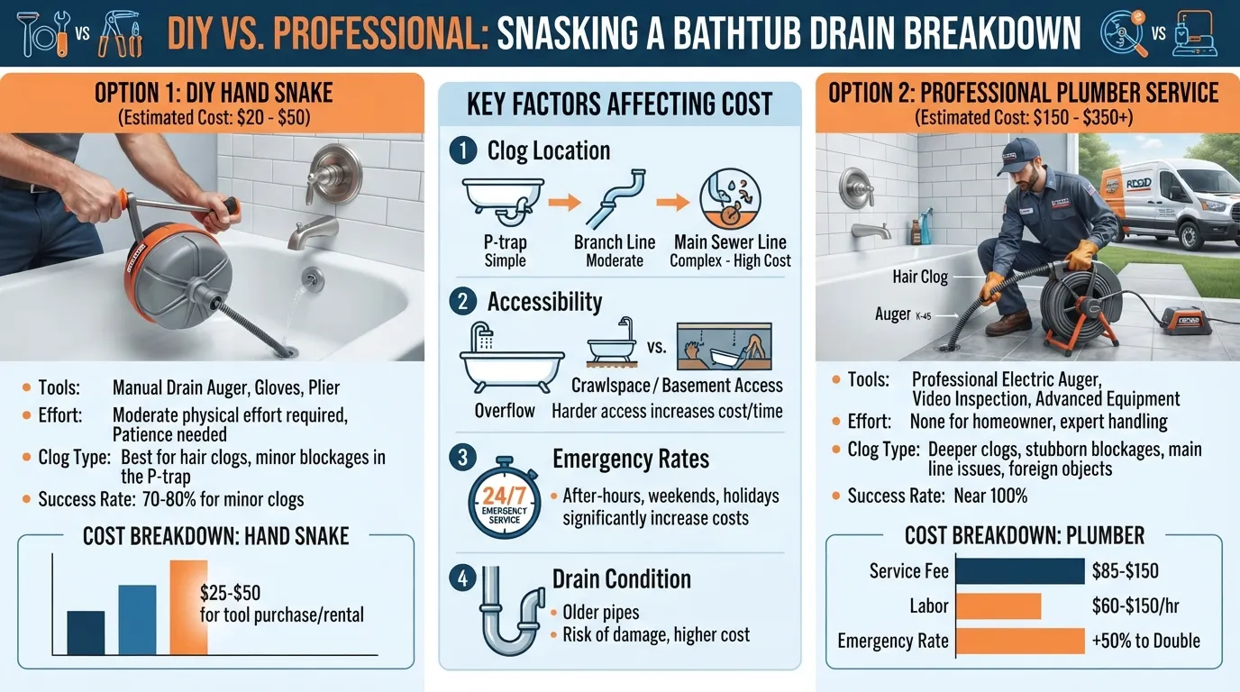 Plumber using a hand drain snake to clear a clogged bathtub drain while inspecting water flow and pipe conditions.