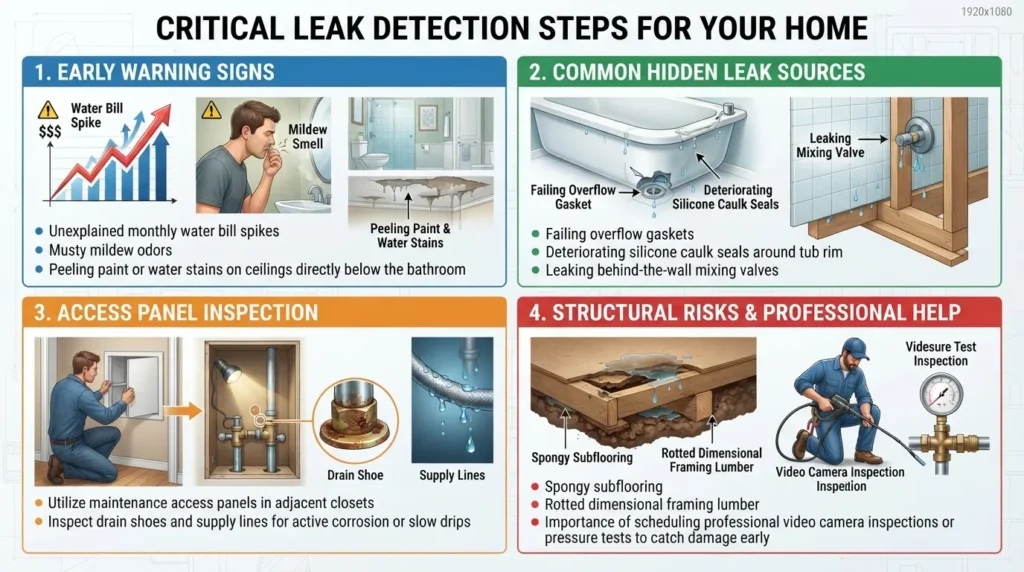 Comprehensive diagram and visual guide illustrating how to spot hidden bathtub leaks behind walls, under slab foundations, and beneath subfloors before causing structural damage.