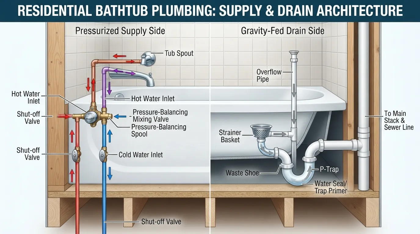 Comprehensive diagram of residential bathtub plumbing showing hot and cold water supply lines, mixing valve, waste-and-overflow assembly, and P-trap.