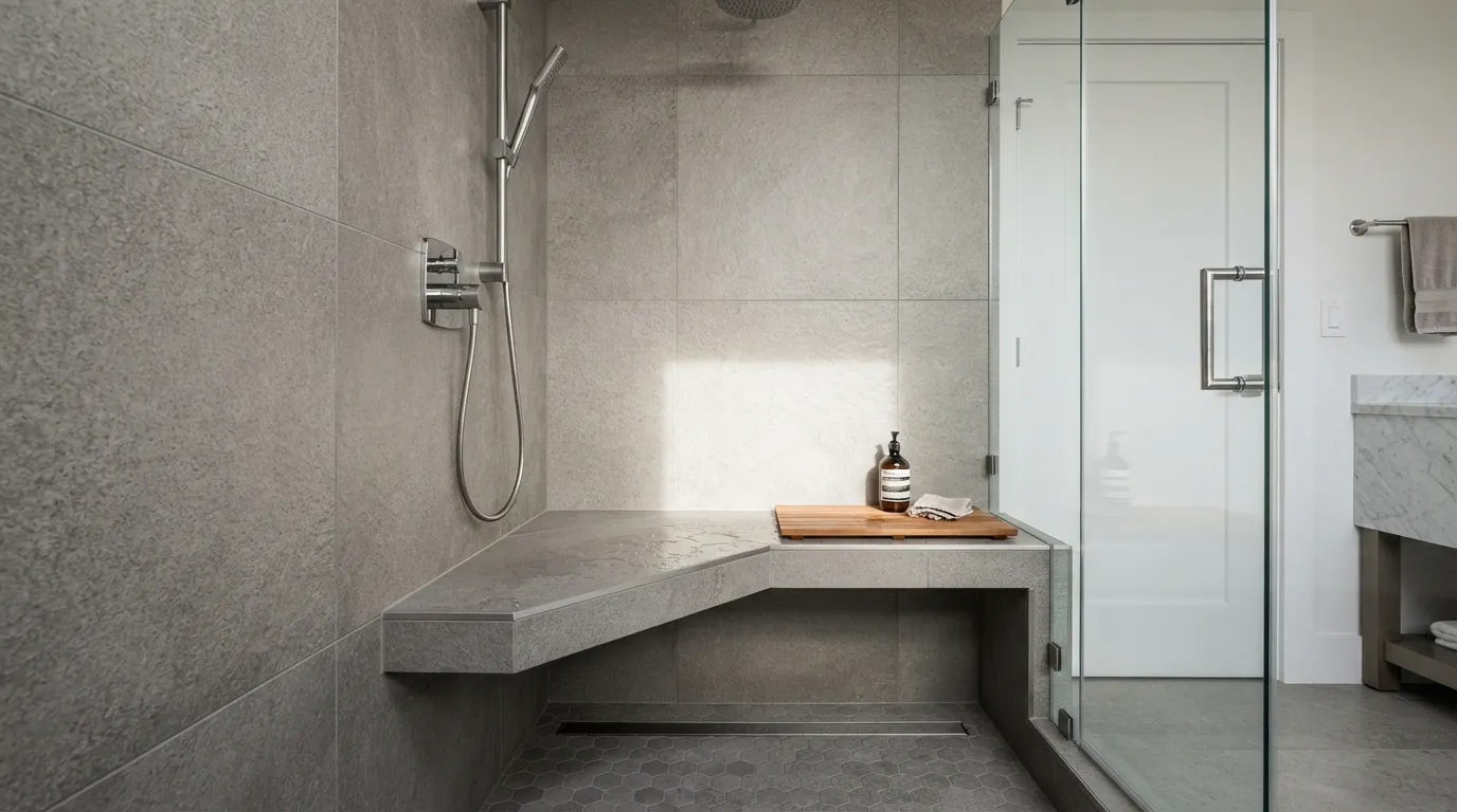 Custom tiled built-in shower seat inside a modern walk-in shower enclosure