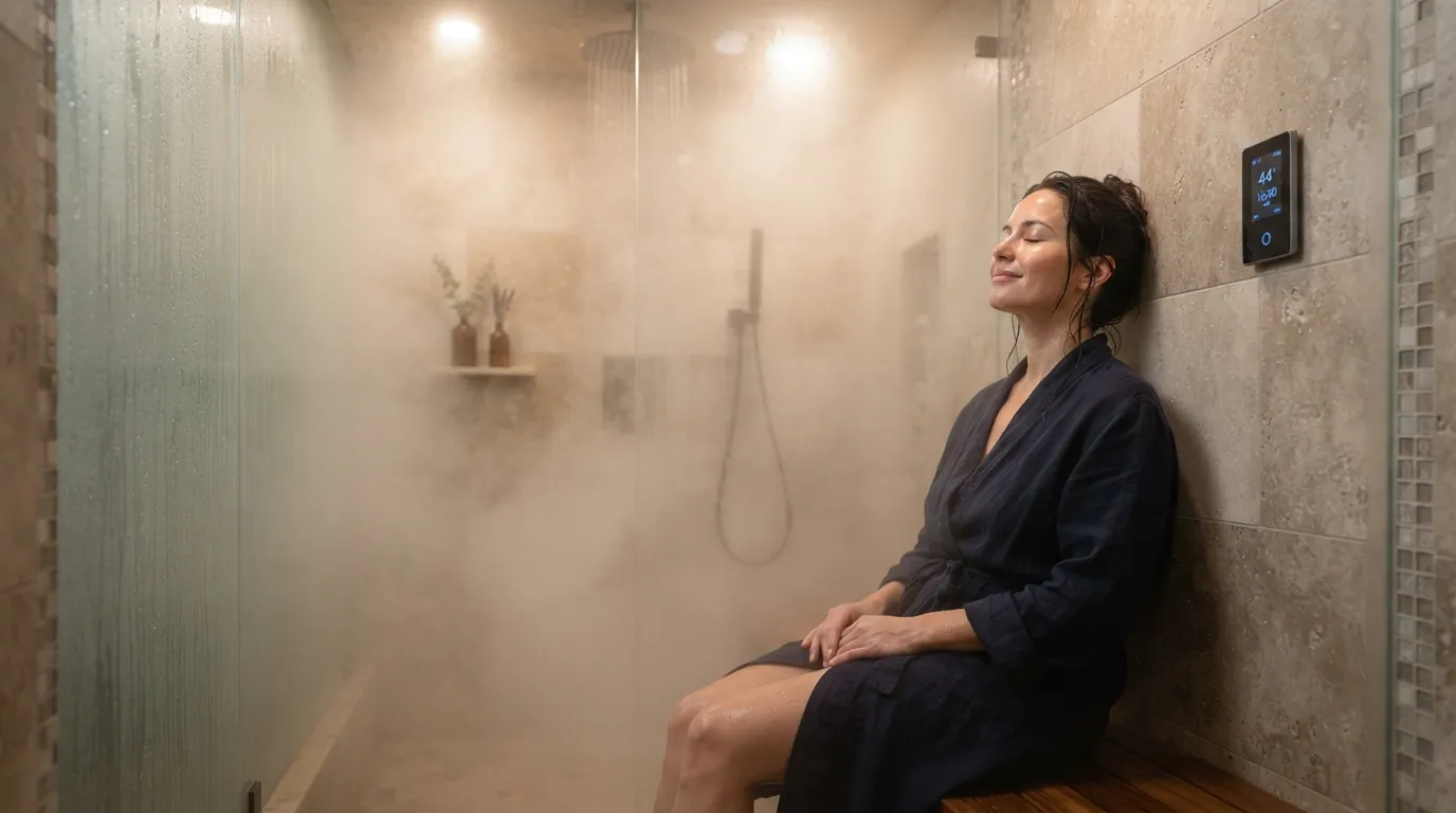 Person relaxing in a warm home steam shower with closed eyes, illustrating stress relief and improved sleep quality.