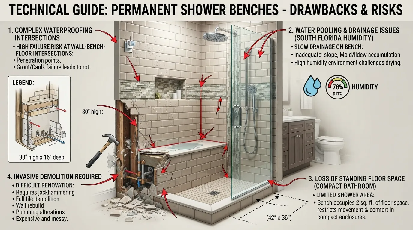 Detailed infographic comparing the potential drawbacks, structural risks, and waterproofing challenges of built-in shower benches.