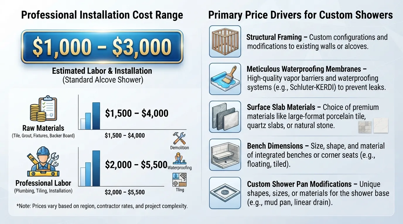Infographic illustrating the cost range and factors influencing built-in shower seat installation, including labor, materials, and waterproofing.