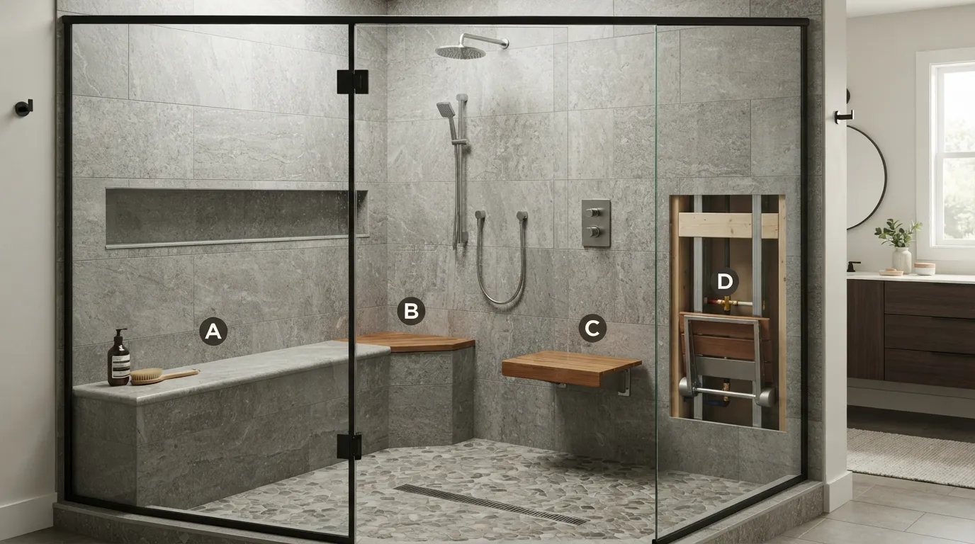 Custom tiled built-in shower seat, corner bench, floating bench, and fold-down seat options in a modern walk-in shower
