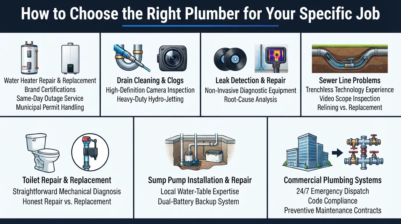 A comprehensive high-resolution visual matrix matching specific home plumbing issues—such as water heaters, drain clogs, leak detection, sewer lines, toilets, sump pumps, and commercial systems—with the required equipment, key contractor qualifications, and specialty tools needed for each repair.