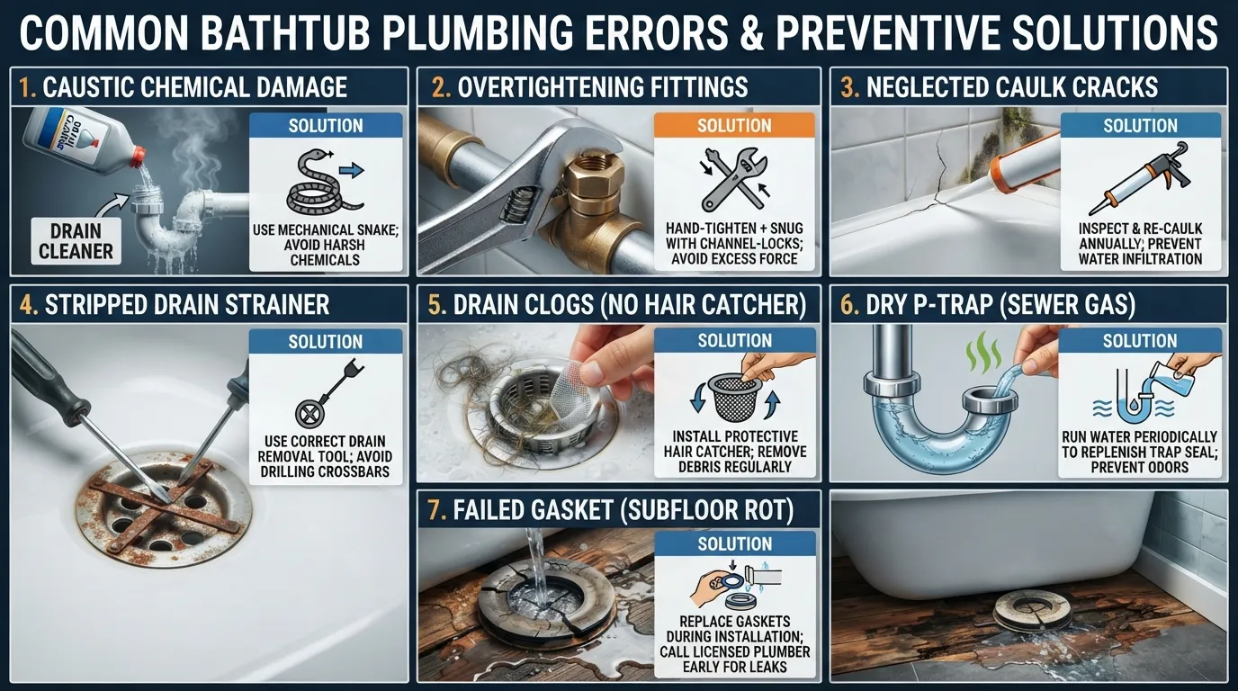 Infographic illustrating common bathtub plumbing mistakes homeowners make, including using harsh chemical cleaners, overtightening fittings, and ignoring small leaks.
