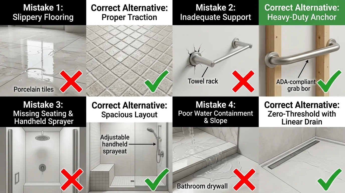 A visual comparison chart highlighting common walk-in shower design mistakes and regrets, such as slippery smooth tile, inadequate grab bar placement, lack of built-in seating, and poor drainage slope.