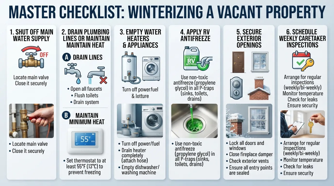 Comprehensive visual checklist outlining step-by-step instructions for winterizing an unoccupied home, including water shut-off, plumbing drainage, and thermostat settings.