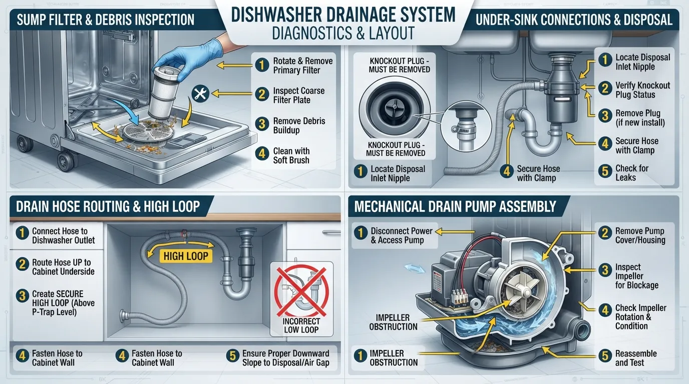 Infographic showing a dishwasher interior, drain filter, hose routing, and sump pump components with step-by-step troubleshooting icons.