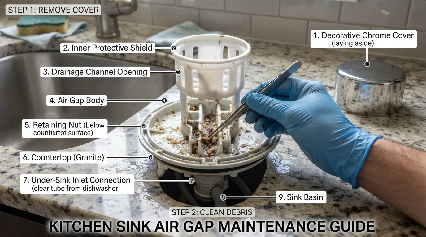 Close-up of a kitchen sink countertop showing a dishwasher air gap fixture with its decorative cap removed, revealing internal channels and debris during cleaning.