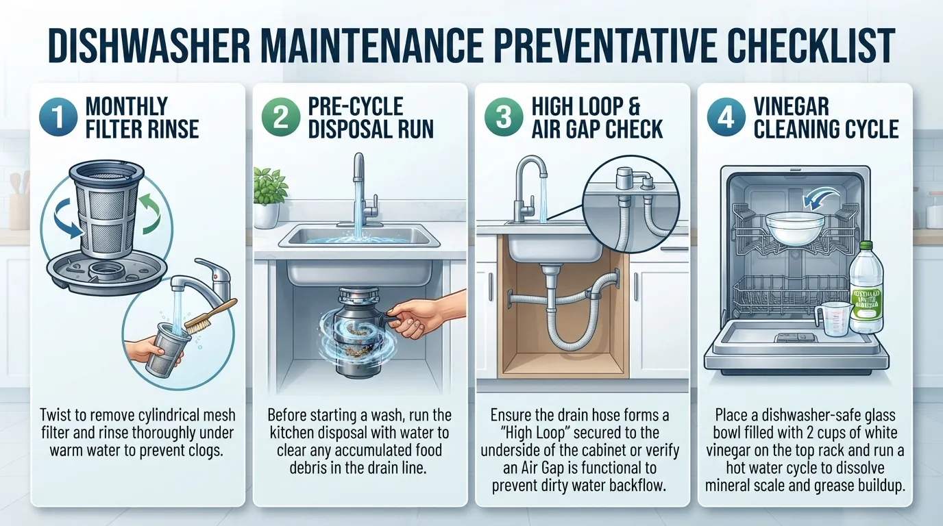 Infographic showing a dishwasher preventive maintenance checklist with icons for cleaning the filter, running the garbage disposal, checking the air gap, and performing monthly vinegar cleaning cycles.