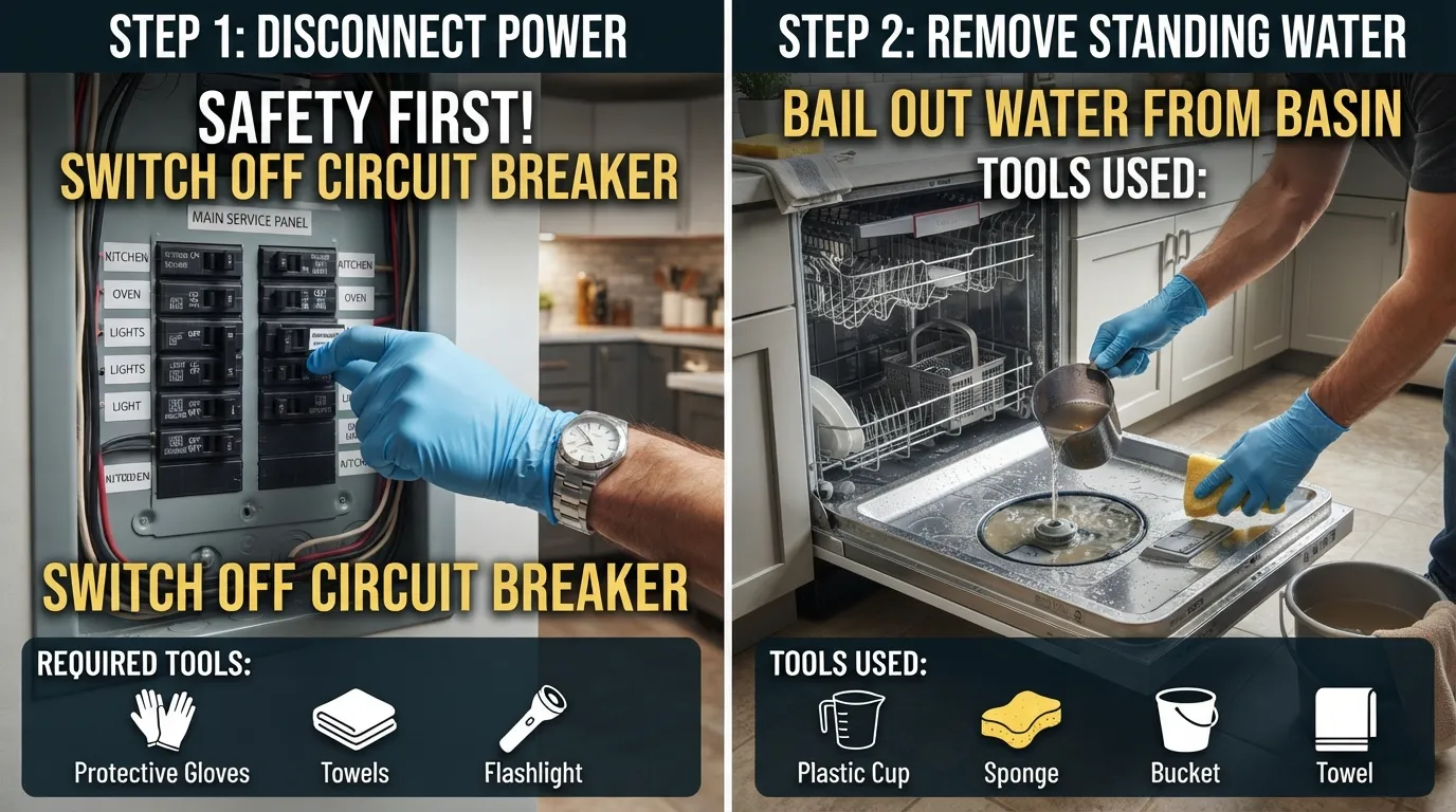 A person wearing utility gloves safely preparing to scoop standing water from the bottom of a dishwasher tub using a cup and microfiber towels.