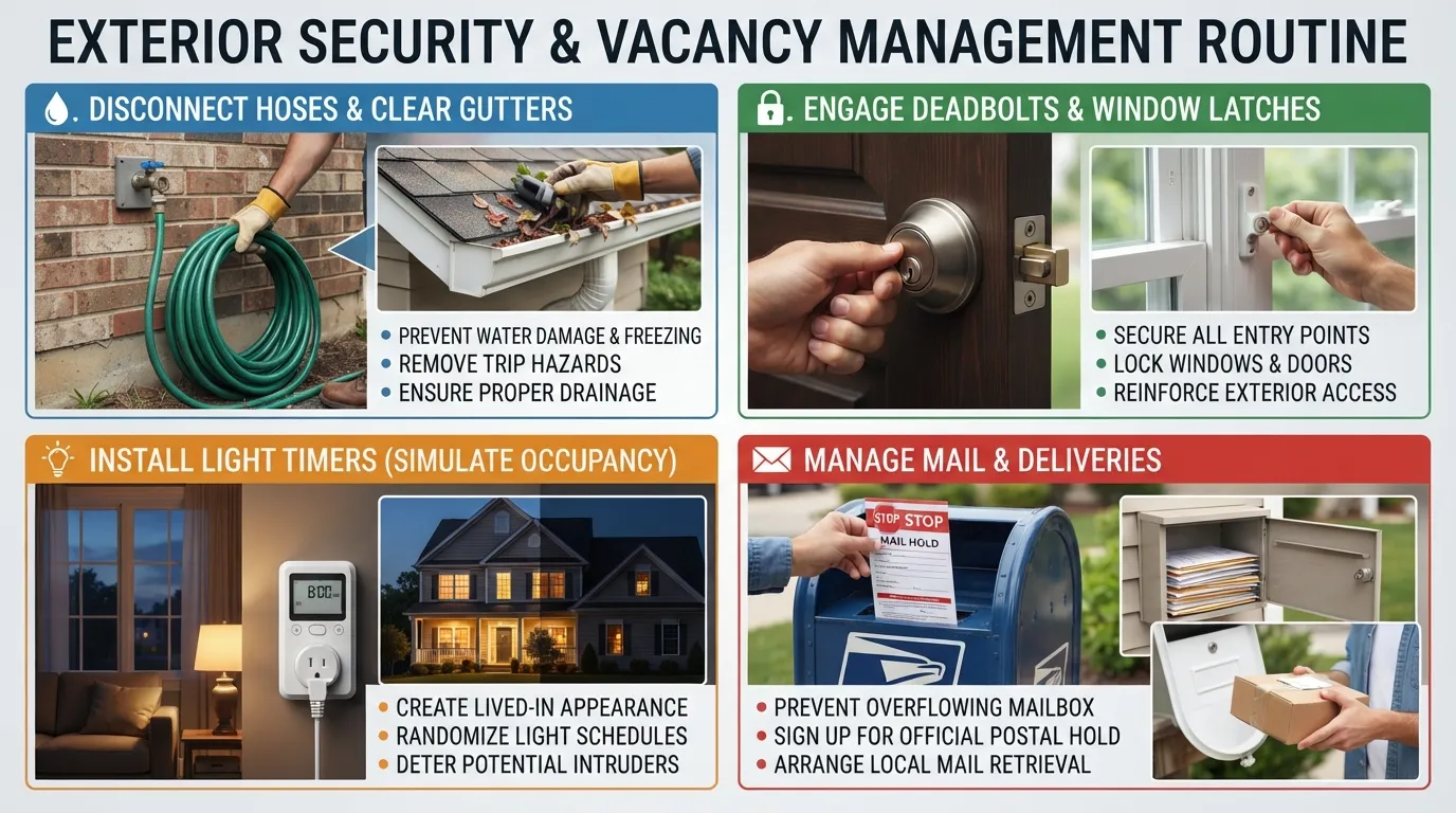 A secured suburban home exterior showing motion sensor lighting, locked windows, a clean driveway, and a clear mailbox indicating active property management.