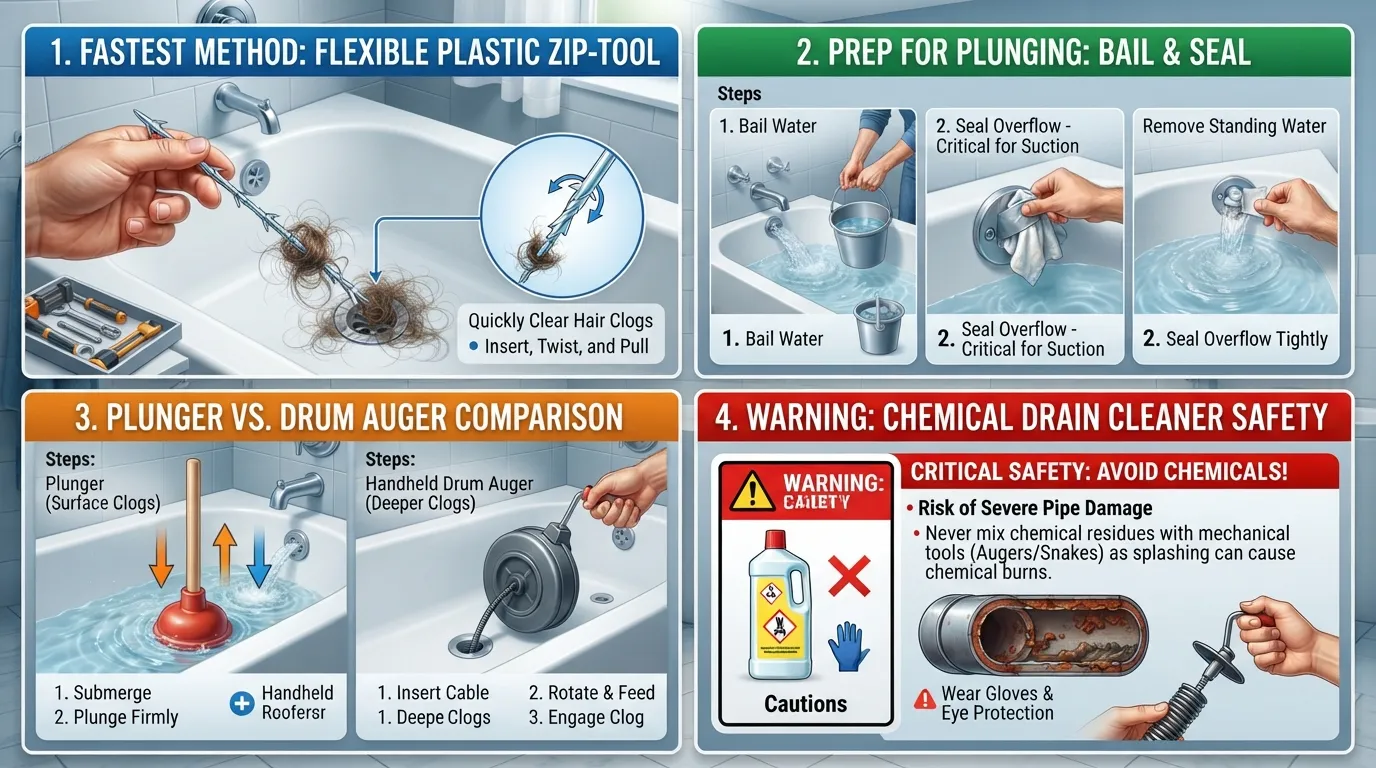 A plumbing hand snake, a plastic zip-tool, and a cup plunger arranged next to a residential bathtub drain showing different DIY clog-removal methods.