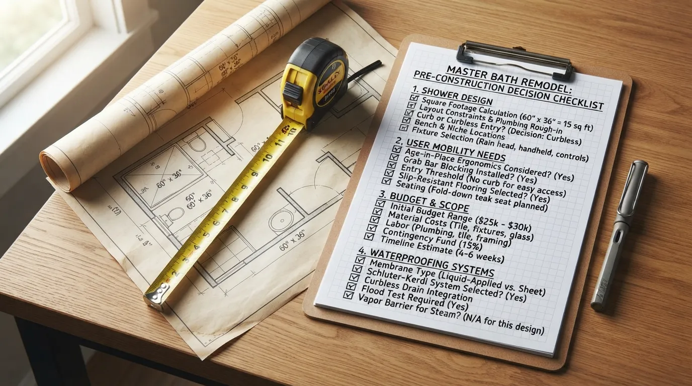 Checklist clipboard and bathroom renovation plan for evaluating whether to install a built-in shower bench.
