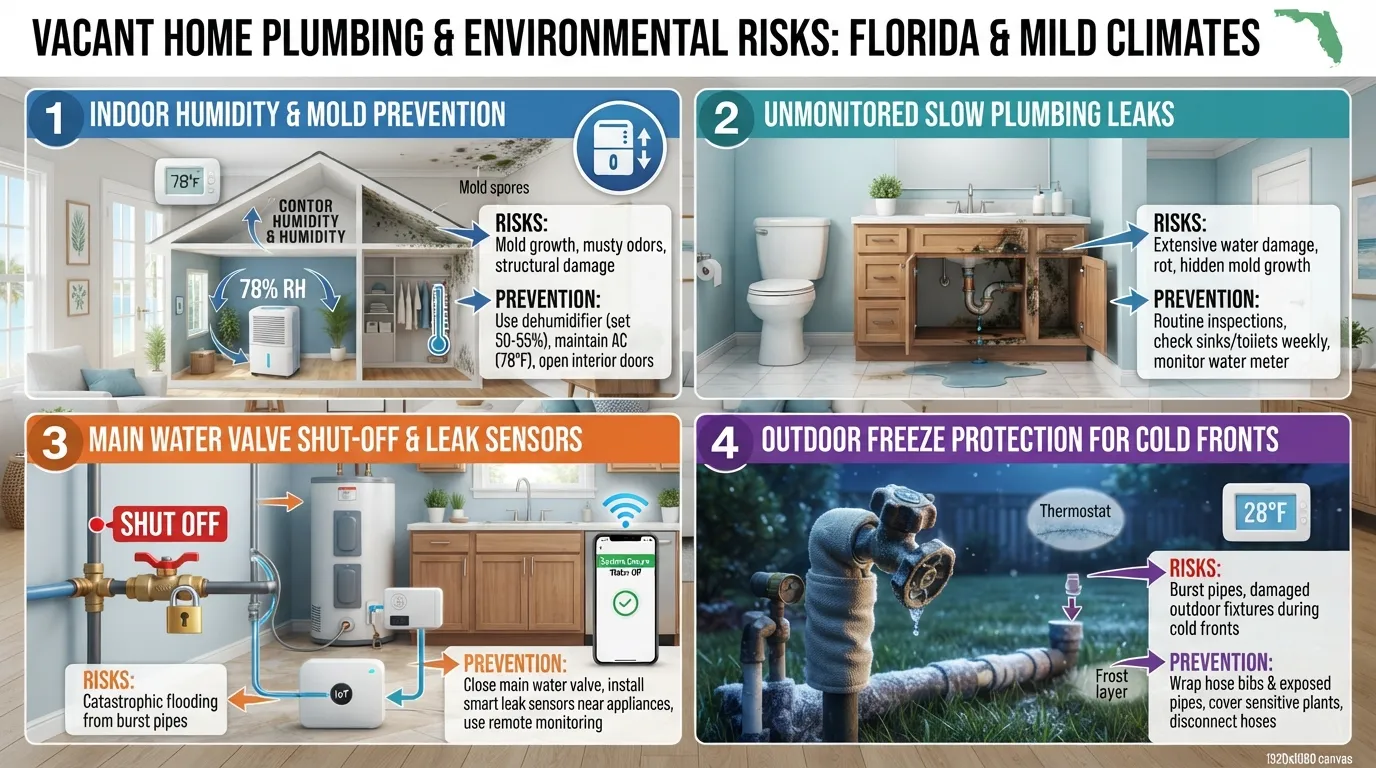 Exterior and interior plumbing inspection points on a Florida home to prevent leaks and mold during seasonal vacancy.