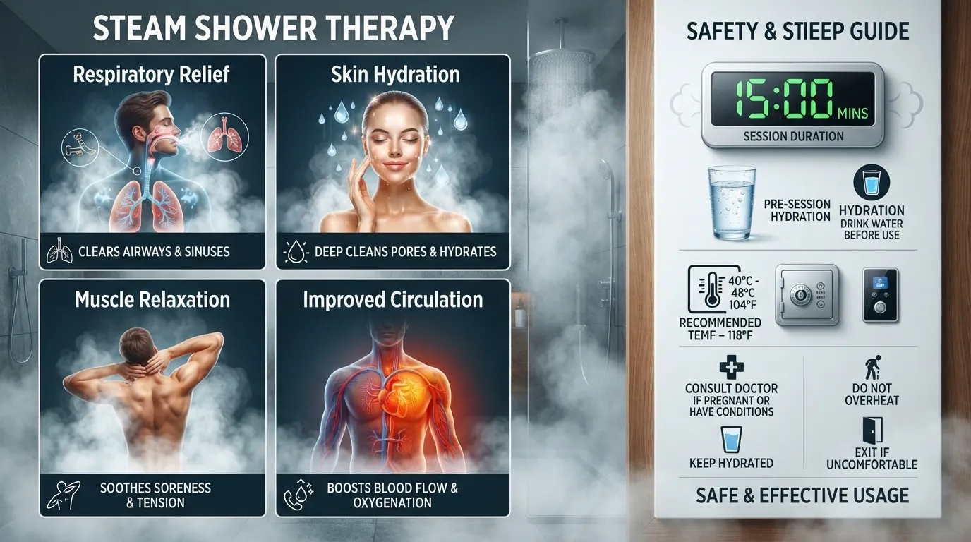 Infographic detailing four health benefits of steam showers and safe usage guidelines including hydration and session limits