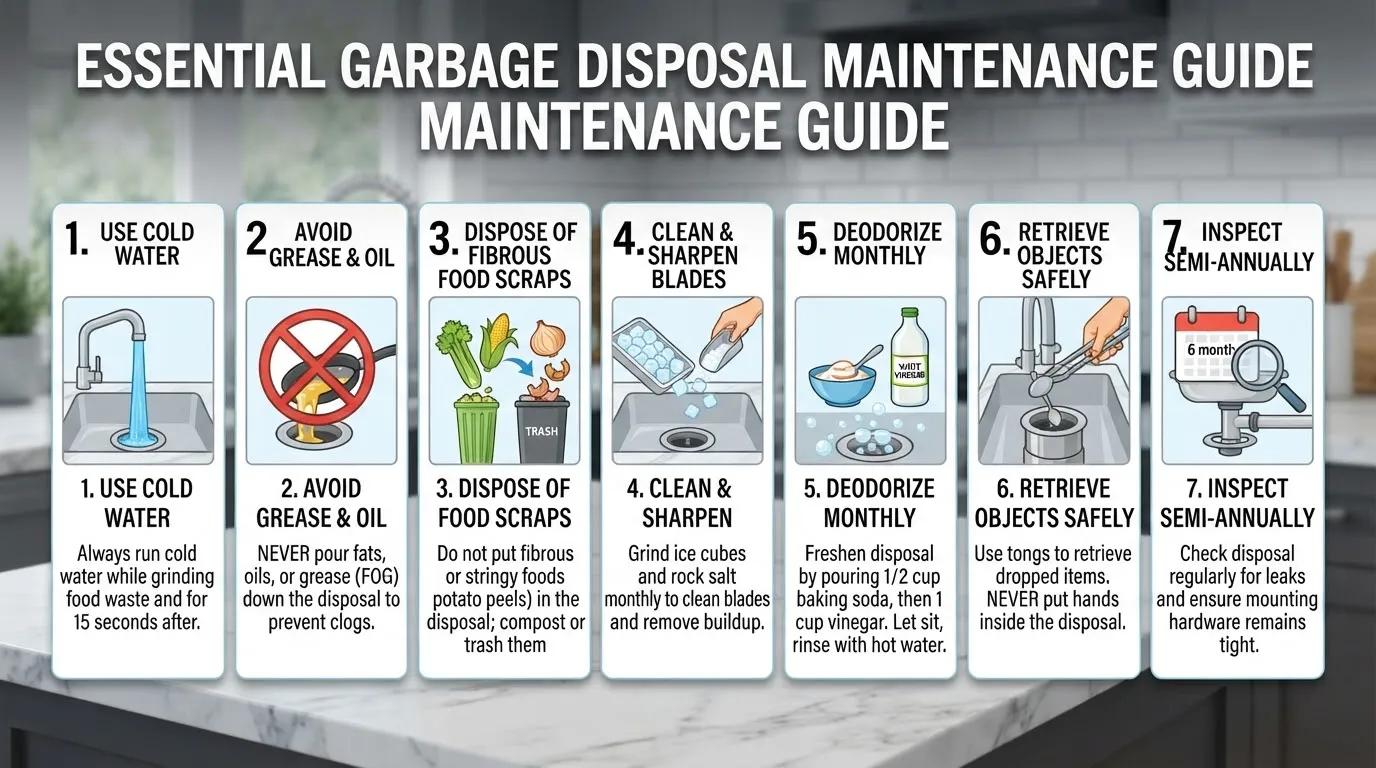 Infographic illustrating seven essential garbage disposal maintenance tips, including using cold water, avoiding grease, and monthly cleaning.