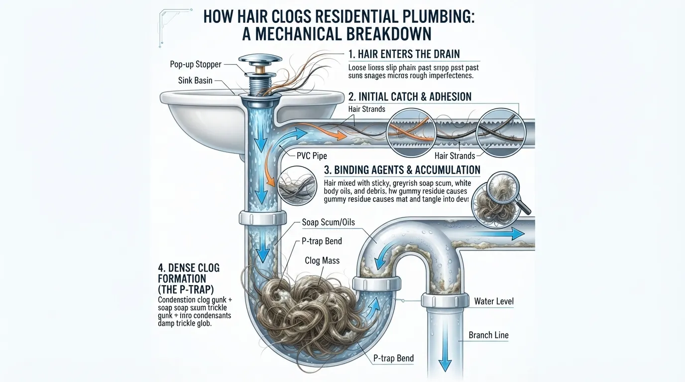 Cross-section diagram of a bathroom pipe showing hair clippings trapped by soap scum and grease, causing a slow drain block.