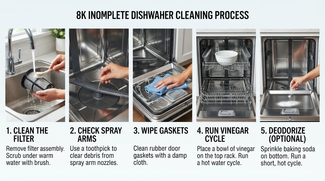 Step-by-step visual guide showing how to clean a dishwasher filter, spray arms, and run a vinegar cycle.