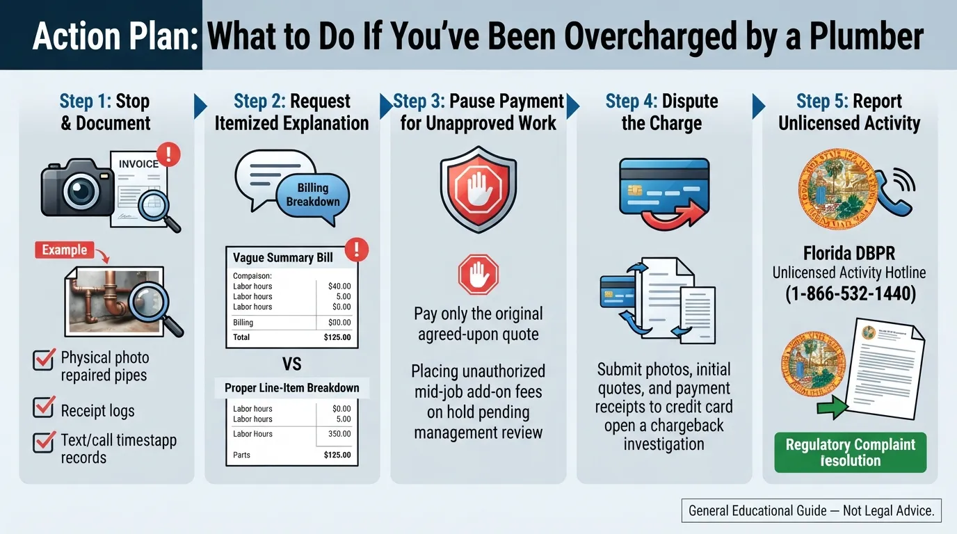A step-by-step flowchart infographic illustrating how homeowners can document, dispute, and report overcharged or unauthorized plumbing invoices in Florida.